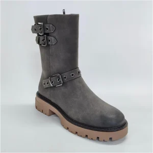 TW2503 05 Brown Grey Women’s Ankle Boots Fashionable Round Toe Outdoor Hiking PU Boots