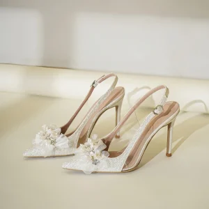 Temperament Small White Flower Women’s Wedding Shoes Fashion Light Mouth Pointed Head Bright Diamond Beautiful Stiletto Heels