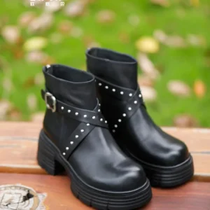 Thick Heel Ankle Boots Women’s Winter Chelsea Classic Fashion Buckle Strap Rivet Genuine Leather Lightweight Anti-Slip