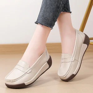 Thick Soled Korean Rocking Genuine Leather Women’s Loafers Slip On Casual Flat Sneakers Autumn Large Size Cross Border