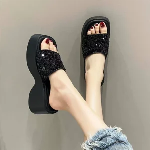 Thick Soled Women’s Summer New Fashion Outdoor Platform Sequin High Heel Soft Sole Height Increasing Non Slip One Strap