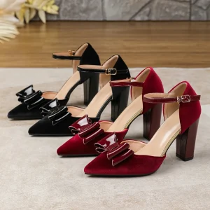 Thick-heeled Pointed-toe Sandal for Women with a Bow Ultra-high Heel Hollow Fashionable and Elegant Single Shoe
