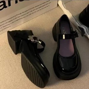 Trend Round Head Belt Buckle Mary Jane Shoes Set Foot Thick Heel Medium Heel Small Leather Shoes with butterfly Buckle