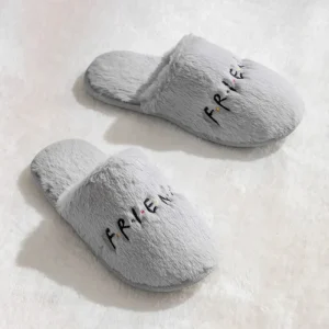 Trendy Design Friends Embroidered Women’s Faux Fur Fuzzy Slide on Closed Toe Non slip Home Slipper