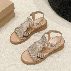 Trendy Large Size Lady Roman Beach Rhinestone Upper Wedge Heel Sandals Women’s Shoes