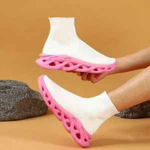 Trendy Solid Fly Knit Spring Breathable Slip On Twisted Sole Women’s Casual Sneakers Couple Style Fashion Sock Shoes Shock