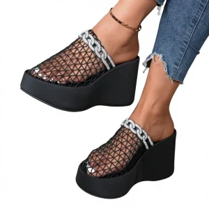 Trendy Women’s Slippers Mesh Upper with Wedge Design for Summer Large Size New Mesh Hollow Out Mule Gerls Wedges Sandals