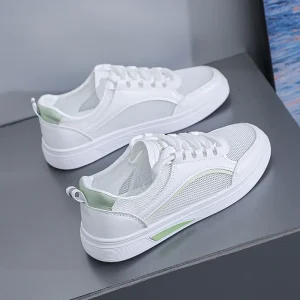 Trendy Women’s Summer Mesh Lace Up Lightweight White Sneakers Green Breathable Non Slip Casual Shoes for Outdoor & Indoor