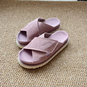 U Summer Breathable Suede Slippers Women Cross Strap Flat Cork Sole Outdoor Casual Shoes Fashion Trend