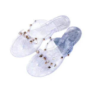 USA Popular Waterproof Anti Slippery Soft PVC Jelly Shoes for Ladies Women’s Party Wedding Flat Bottom Rivet Flip Flops