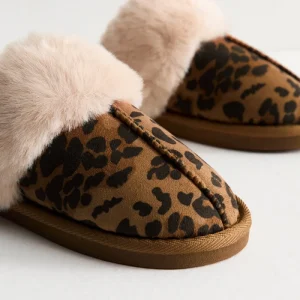 Unique Design House Slippers for Women Memory Foam Comfy Leopard Print Faux Suede Faux Fur Trim Slippers