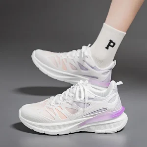 Unisex Couple Sports Shoes Lightweight White Running Shoes with Artificial Leather & Fabric Upper Mesh Surface PVC Outsole