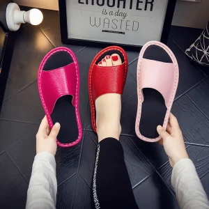 Unisex Summer Home Slippers Women’s PU Leather Open Toe Design with Genuine Leather Lining Anti-Slip Features