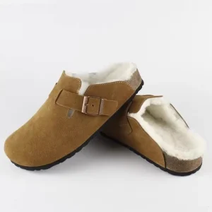 Unisex Women’s Men Clog Slippers Suede Leather Fur Liner Plush Mules Indoor Outdoor Arch Support Cushioned Cork Slides