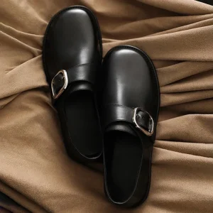 Versatile Round Toe Buckle Loafers Polished Leather Low Heel Slip On Soft Anti Slip Wear Resistant For Daily And Dating