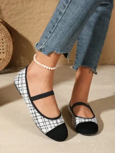Vintage Black White Grid Tweed Ballet Flats for Women Contrast Cap Toe Single Strap Soft Insole Office Walking Flat Shoes