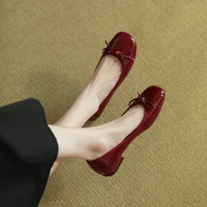 Vintage Bowknot Square Toe Low Cut Wedding Formal Dress Shoes Korean Style Women’s Flat Low Heel Versatile Slip On Single Shoes