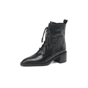 Vintage Crinkled Cow Leather Lace-up Ankle Boots Women Pointed Toe Block Heel Short Martin Boots