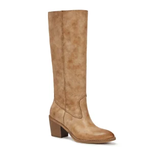 Vintage Distressed PU Knee High Boots for Women Fashion Chunky Block Heel Long Boots Round Toe Western Cowgirl Boots