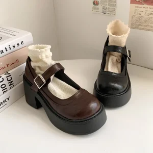 Vintage French All In One Ballet Pumps Women’s Mary Jane Shoes Chunky Heel Light Weight Mesh Insole Fashion Toe Style