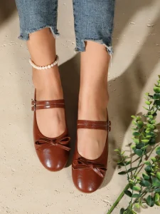 Vintage Ladies Coffee Leather Bow Mary Jane Shoes Two Adjustable Straps Lightweight Non Slip Office Casual Slip On Flats