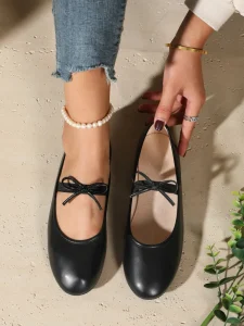 Vintage Round Toe Mary Jane Ballet Flats for Women Simple Bow Decor Thin Strap Soft Leather All-Match Office Shoes