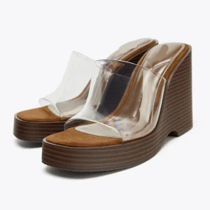 Vintage Summer Women’s Casual Slide Heeled Sandals High Heel Platform Slippers Transparent Wedge Breathable Insole Mesh