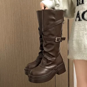 Vintage Thick Heel Women Knight Long Boots Slip On Knee High Booties Autumn Winter Shoe Zapatos De Mujer
