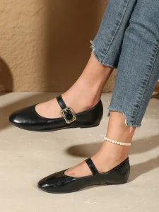 Vintage Toe Ballet Flats Women Black PU Adjustable Gold Buckle Strap Comfort Walking Autumn Spring Summer Daily Dress Shoes