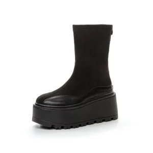 Vintage Women’s Leather Boots Simple Petite Fashion Thick Sole Height-Increasing Mid-Calf Boots for Women