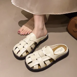 Vintage Women’s Slippers for Outdoor Wear Autumn Flat-bottom Breathable Woven Sandals Slip-on Slippers for Laz