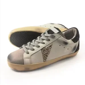 Vintage Women’s Walking Style Sneakers Gold Brown Glitter Heel Tag Leather Lazy Shoes with Cushioning and Dirty Look