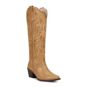 WETKISS Chunky Heel Ladies Boots Vintage Western Embroidered Women Tall Boots Snip Toe Knee High Cowboy Boots Summer