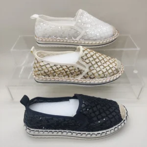 Walking Shoes Bulk OEM Women Slip on Espadrilles Flats Grid Sequin Mesh Upper Breathable Non Slip Comfort Women’s Casual Shoes