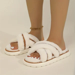 Warm Cross Bands Cozy Fashion Shoes Open Toe Fur House Slides Women’s Fuzzy Fluffy Slippers Indoor for Ladies
