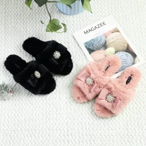 Warm Diamond Bow Slippers for Women’s Autumn and Winter Indoor Home Anti-slip Soft Bottom Slippers