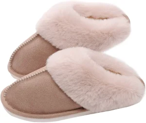 Warm Plush House Indoor Outdoor Winter Memory Foam Fluffy Fur Women’s Slippers With Rubber Sole