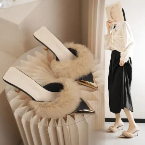 Warm Sheepskin Home Slippers Women’s Non Slip Platform Boots Knit Upper Furry Insole Autumn Winter Baotou Style Wi