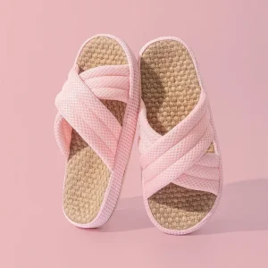 Warm Women’s Cozy Solid Color Fabric Upper Casual Fashion Open Toe Stripe Design Indoor House Shoes