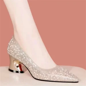 Water Drill Pearl Mid Heel High Heels Bridal Wedding Banquet Shoes Soft Anti Slippery Elegant Pointy Toe Rhinestone Decorated