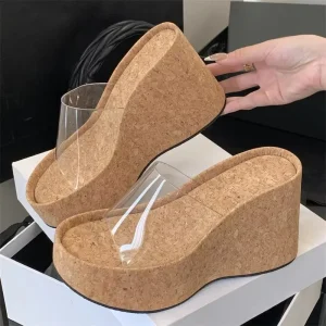 Waterproof Outdoor Wooden Bottom Wedge Slippers Breathable High Heel Wedge Square Toe Shoes Women’s