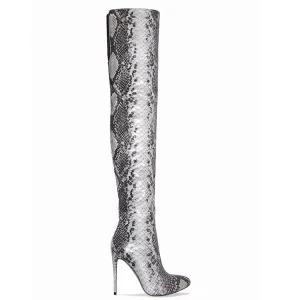 Waterproof Printed Winter Women’s High Heel Genuine Leather Over Knee & Thigh High Boots with Pointed Peep Open Toe