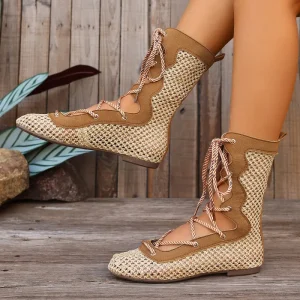Weaving Net Elegant Commuting Daily Medium Boots Flat Bottom Round Head Fashion Women’s Boots Large Women’s Boots Tether Hollow