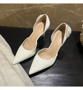 Wedding Bridesmaid Banquet Summer Shoes Stiletto Heel Sandals Pointed Head Pearl Diamond Chain Anti-Slip Fashionable Women’s