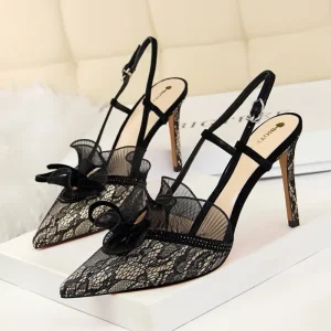 Wedding Shoes Lace Heeled Sandals with Bow Slingback Stiletto Black Purple Green