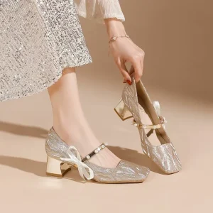 Wedding Shoes for Women High Heels for Ladies Bridal Women’s Heeled Summer Sandals Wedding Dress Bow Decoration Pearl 5CM