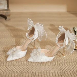 Wedding and Party High Heels Pointed Thin Heel White Bride’s Shoes Hollow Large Size 43 Bridesmaid Pearl Chaussures Pour Femmes