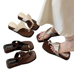 Wedge Flip Flops Women’s Summer Outdoor French Retro Toe Strap Slippers High-End Square Toe Beach Sandals Rubber Outsole