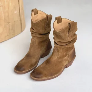 Western Cowboy Fashion Casual Style Women’s Suede High Heel Boots with Pointed Toe Ankle Bootie Design