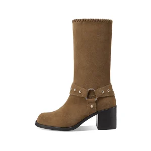 Western Cowboy Mid Calf Boots Suede Fringe Rivet Strap Block Heel Knee High Booties